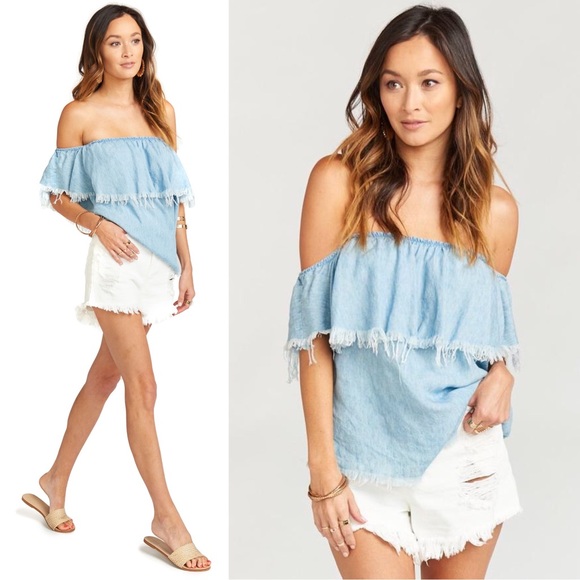🌟 Mendocino Chambray Off the Shoulder Crop Top S - Picture 1 of 8